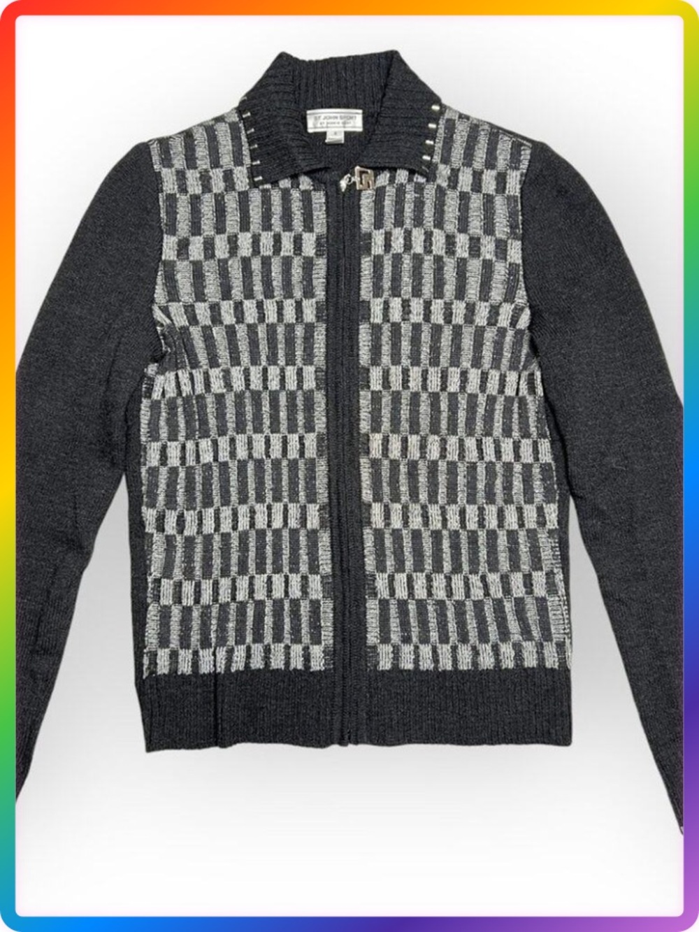 St. John Sport Marie Wool Blend Cardigan SIZE S Gray Silver Studded Full Zip